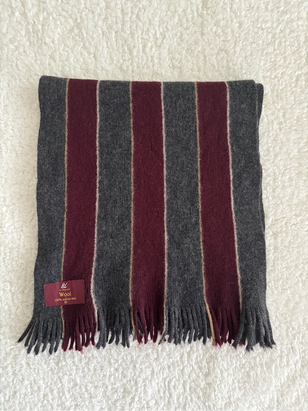 V. Fraas 100% Merino Wool Scarf Gray Burgundy Striped Fringe Long 57in